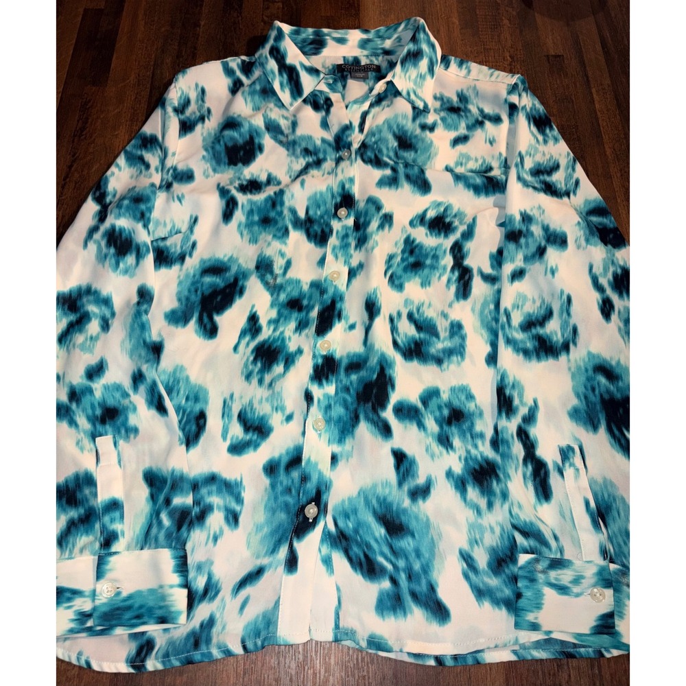Covington Essentials Womens‎ Teal White Abstract Print Button Down Blouse Large